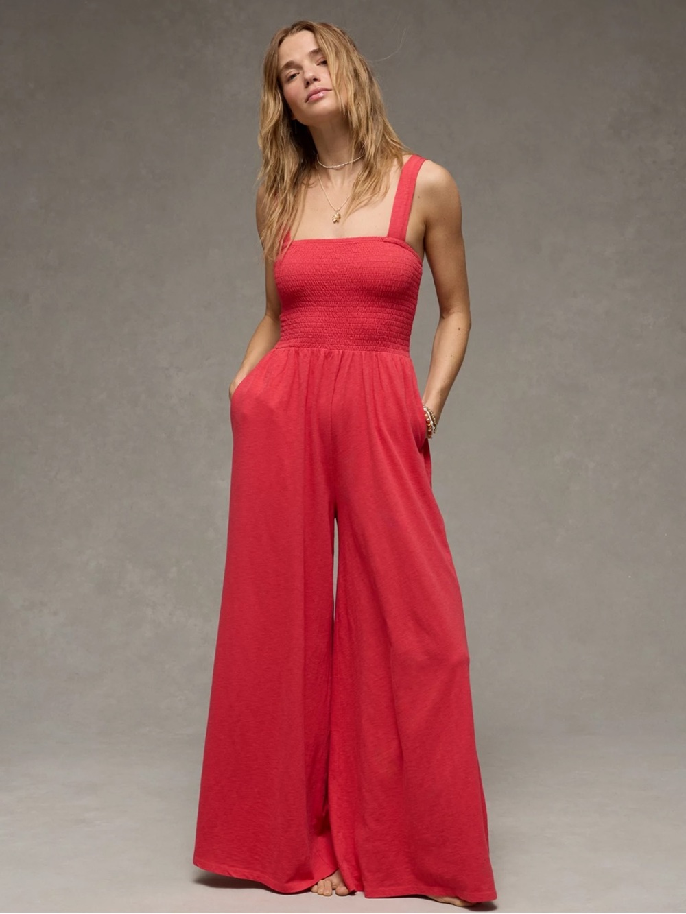 Strawberry Mist American Eagle Sunchaser Knit Smocked Jumpsuit